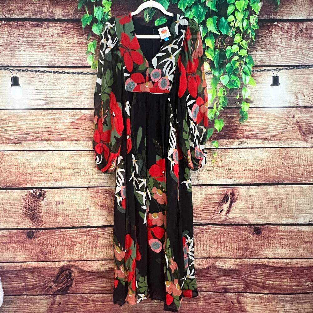 Farm Rio x Anthropologie Long Sleeve V Neck Floral Maxi Dress Balloon Sleeve S - Picture 5 of 11